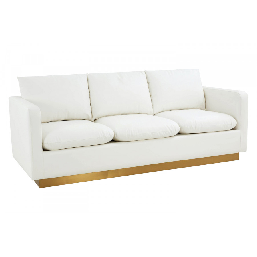 LeisureMod Nervo Modern Mid-Century Upholstered Leather Sofa with Gold Base - White