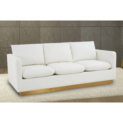 LeisureMod Nervo Modern Mid-Century Upholstered Leather Sofa with Gold Base - White