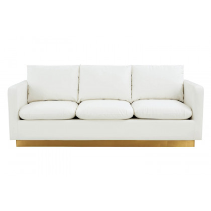 LeisureMod Nervo Modern Mid-Century Upholstered Leather Sofa with Gold Base - White