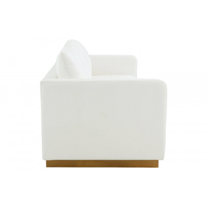 LeisureMod Nervo Modern Mid-Century Upholstered Leather Sofa with Gold Base - White