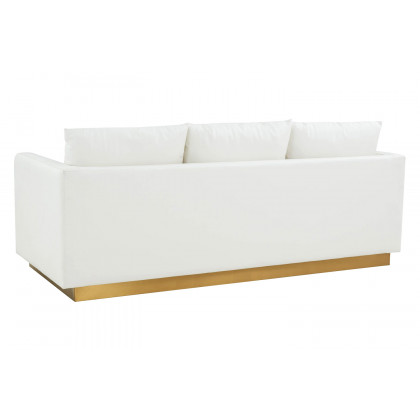 LeisureMod Nervo Modern Mid-Century Upholstered Leather Sofa with Gold Base - White