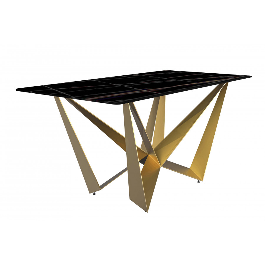 LeisureMod Nuvor Modern Dining Table with Rectangular Top and Gold Steel Base - Black/Gold
