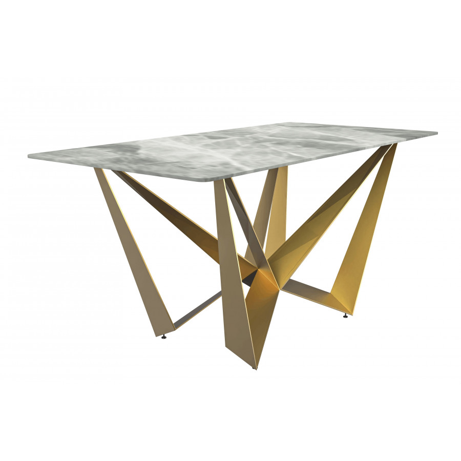 LeisureMod Nuvor Modern Dining Table with Rectangular Top and Gold Steel Base - Light Gray
