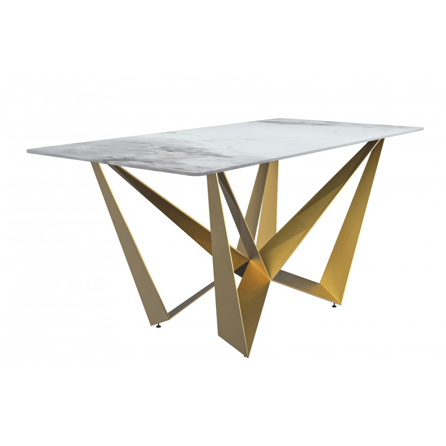 LeisureMod Nuvor Modern Dining Table with Rectangular Top and Gold Steel Base - Medium Gray