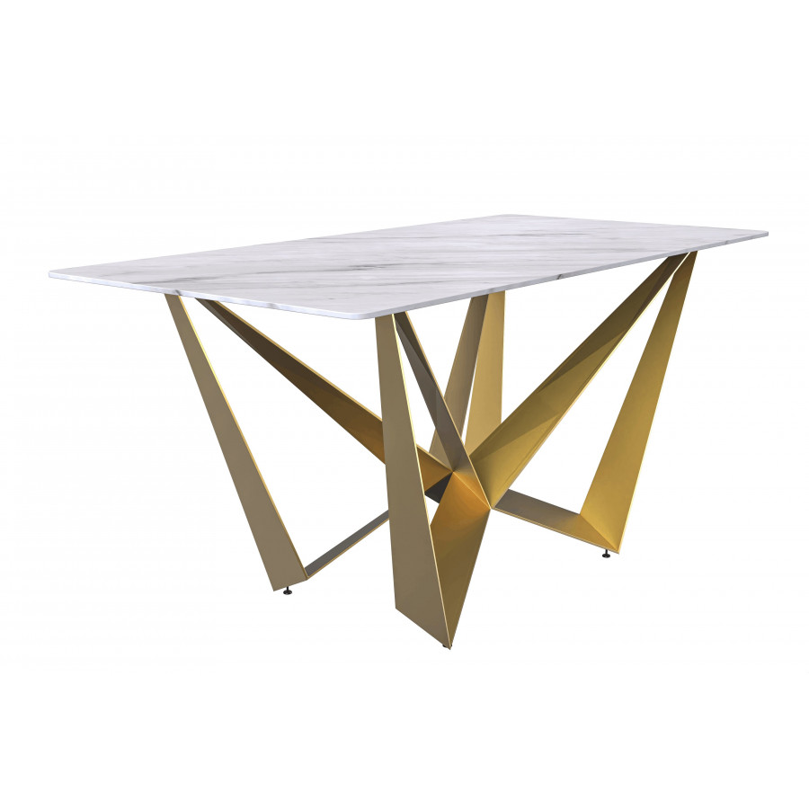 LeisureMod Nuvor Modern Dining Table with Rectangular Top and Gold Steel Base - White