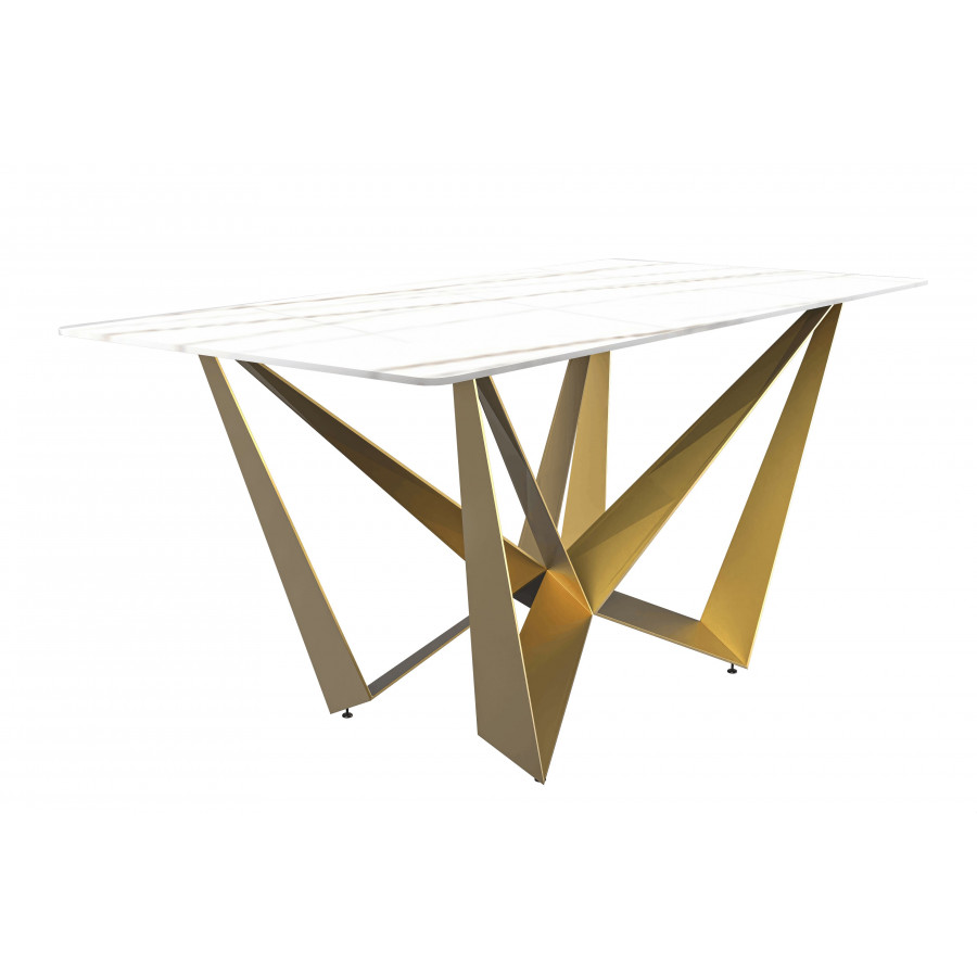 LeisureMod Nuvor Modern Dining Table with Rectangular Top and Gold Steel Base - White/Gold