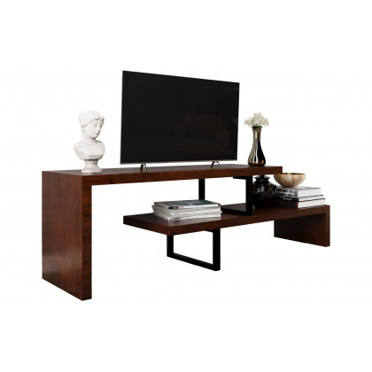 LeisureMod Orford Mid-Century Modern TV Stand with MDF Shelves and Powder Coated Iron Legs - Walnut