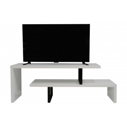 LeisureMod Orford Mid-Century Modern TV Stand with MDF Shelves and Powder Coated Iron Legs - White