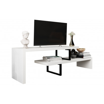 LeisureMod Orford Mid-Century Modern TV Stand with MDF Shelves and Powder Coated Iron Legs - White