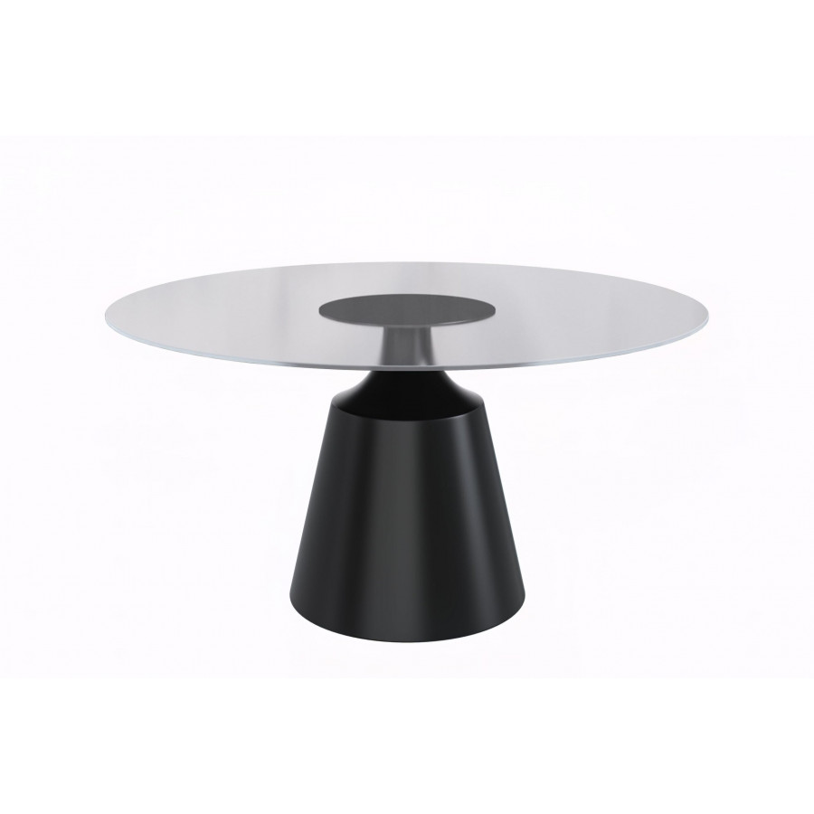 LeisureMod Prynn Modern 60" Round Dining Table with Glass Top and Black Pedestal Base - Clear