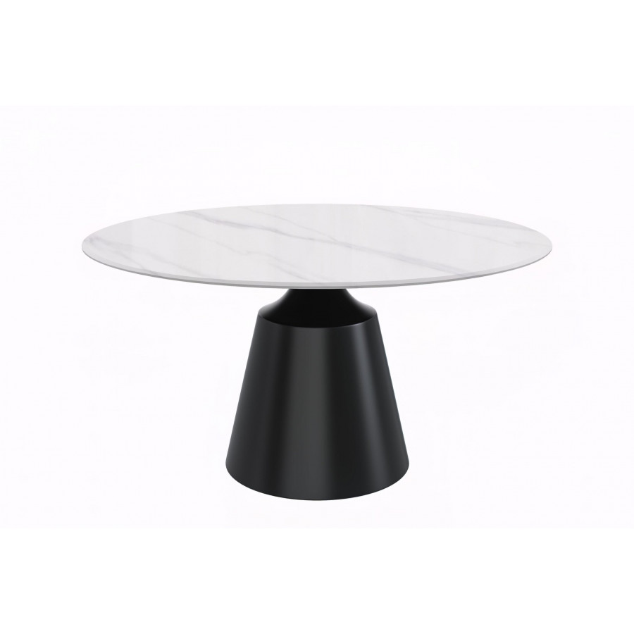 LeisureMod Prynn Modern 60" Round Dining Table with Sintered Stone Top and Black Pedestal Base - White