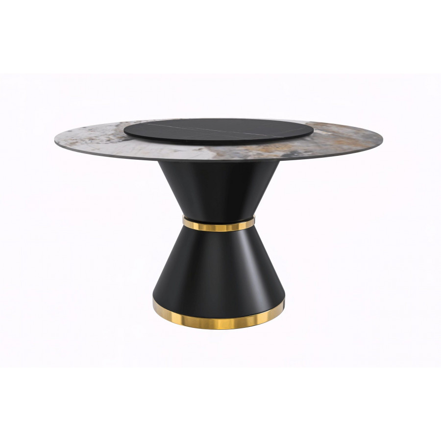 LeisureMod Qorvus Mid-Century Modern Round Dining Table with 60" Glass/Stone Top and Black/Gold Pedestal Base - Medium Gray