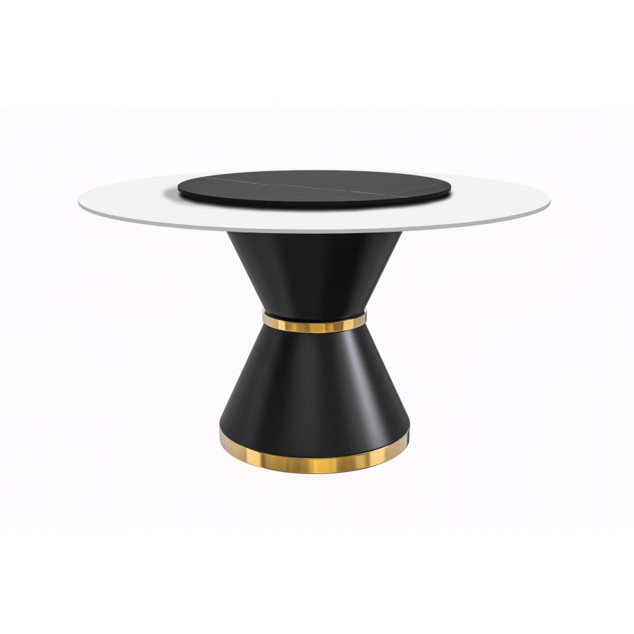 LeisureMod Qorvus Mid-Century Modern Round Dining Table with 60" Glass/Stone Top and Black/Gold Pedestal Base - Solid White