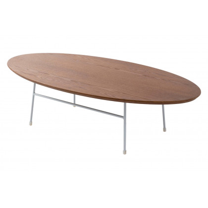 LeisureMod Rossmore Oval Coffee Table White Powder Coated Steel Frame - Walnut