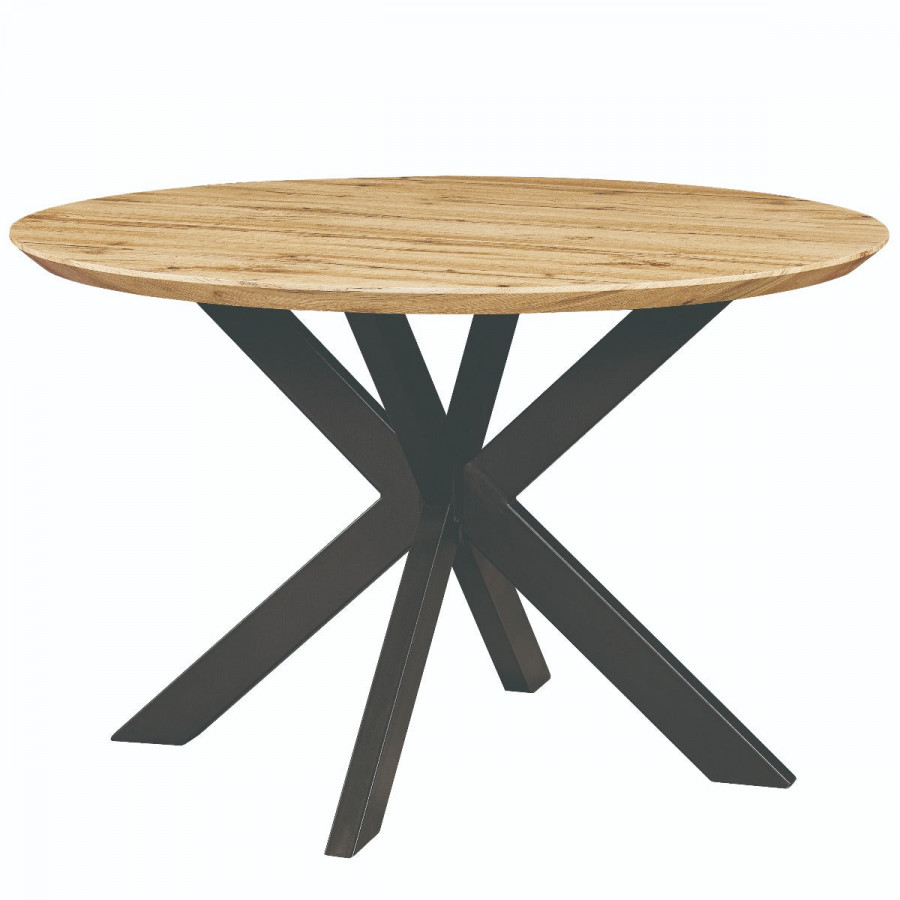 LeisureMod Ravenna 47" Round Wood Dining Table with Modern Metal Base - Natural Wood