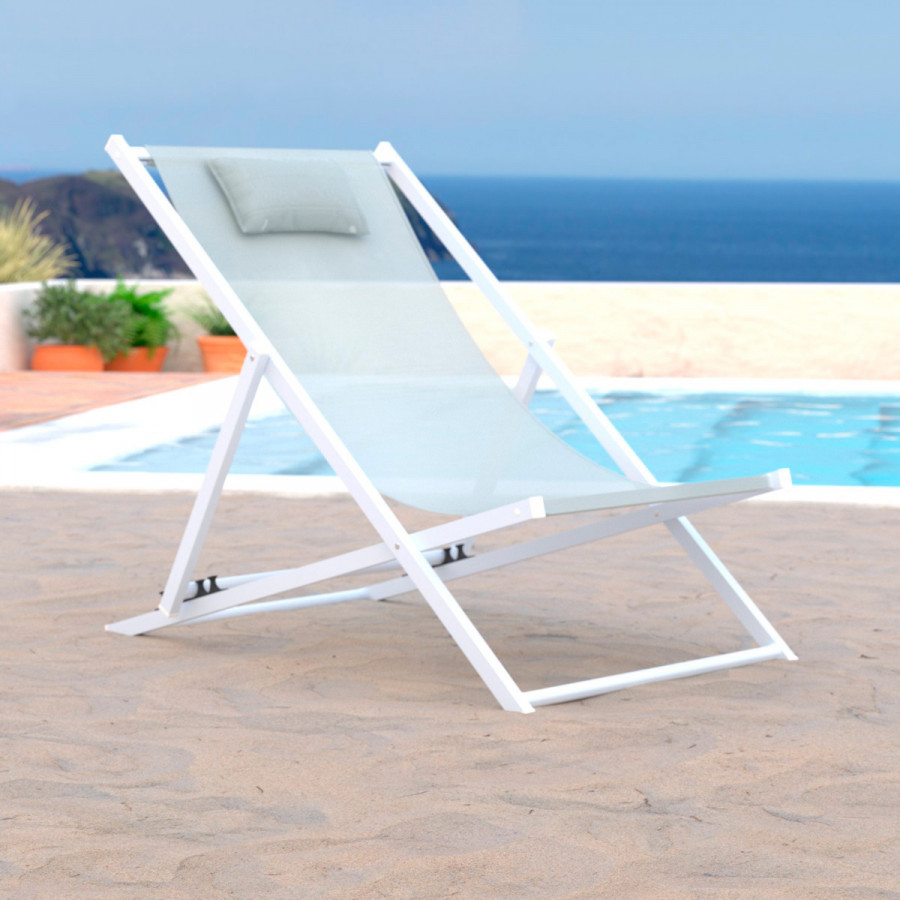LeisureMod Sunset Outdoor Sling Lounge Chair With Headrest Cushion - Gray