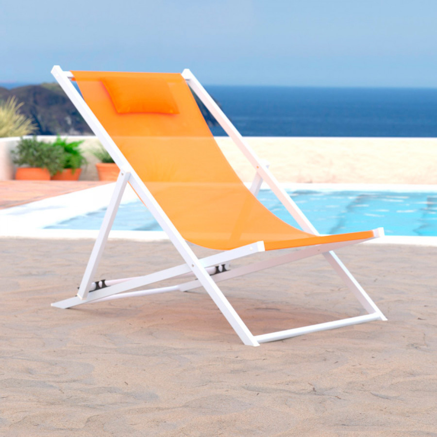 LeisureMod Sunset Outdoor Sling Lounge Chair With Headrest Cushion - Orange