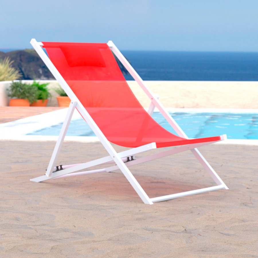LeisureMod Sunset Outdoor Sling Lounge Chair With Headrest Cushion - Red