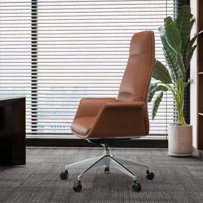 LeisureMod Summit Mid-Century Modern High-Back Conference Office Chair with Aluminum Frame - Dark Brown