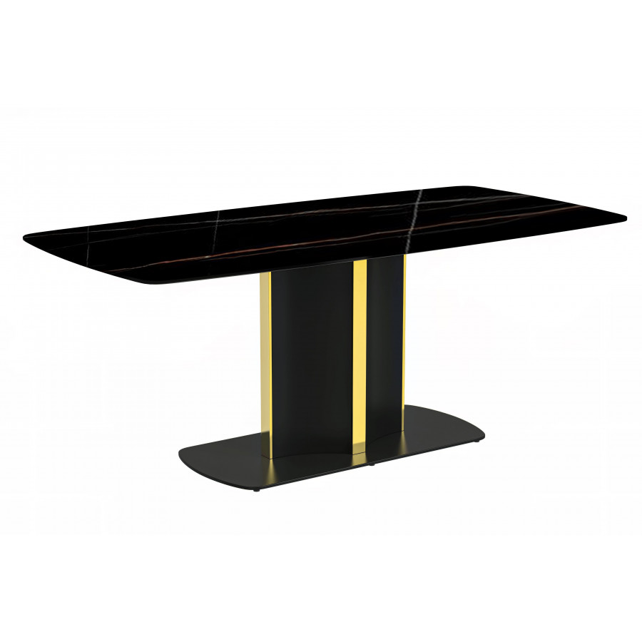 LeisureMod Sylva Modern 55" Rectangular Dining Table with Sintered Stone Top and Gold Steel Pedestal Base - Black/Gold