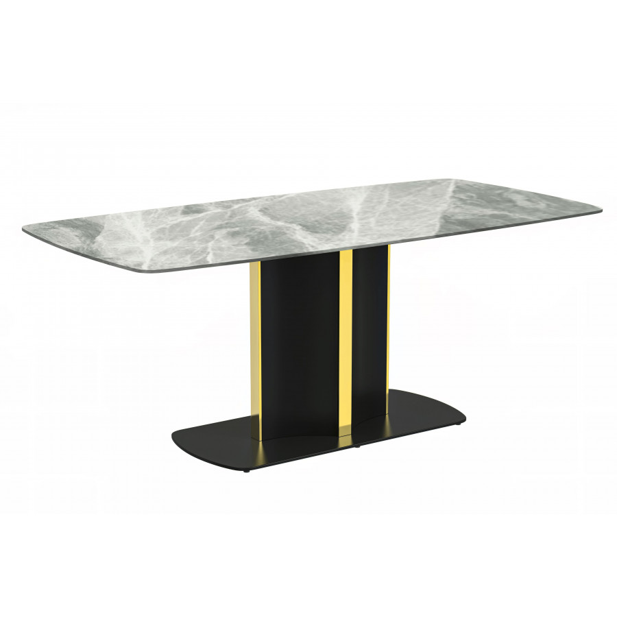 LeisureMod Sylva Modern 55" Rectangular Dining Table with Sintered Stone Top and Gold Steel Pedestal Base - Light Gray
