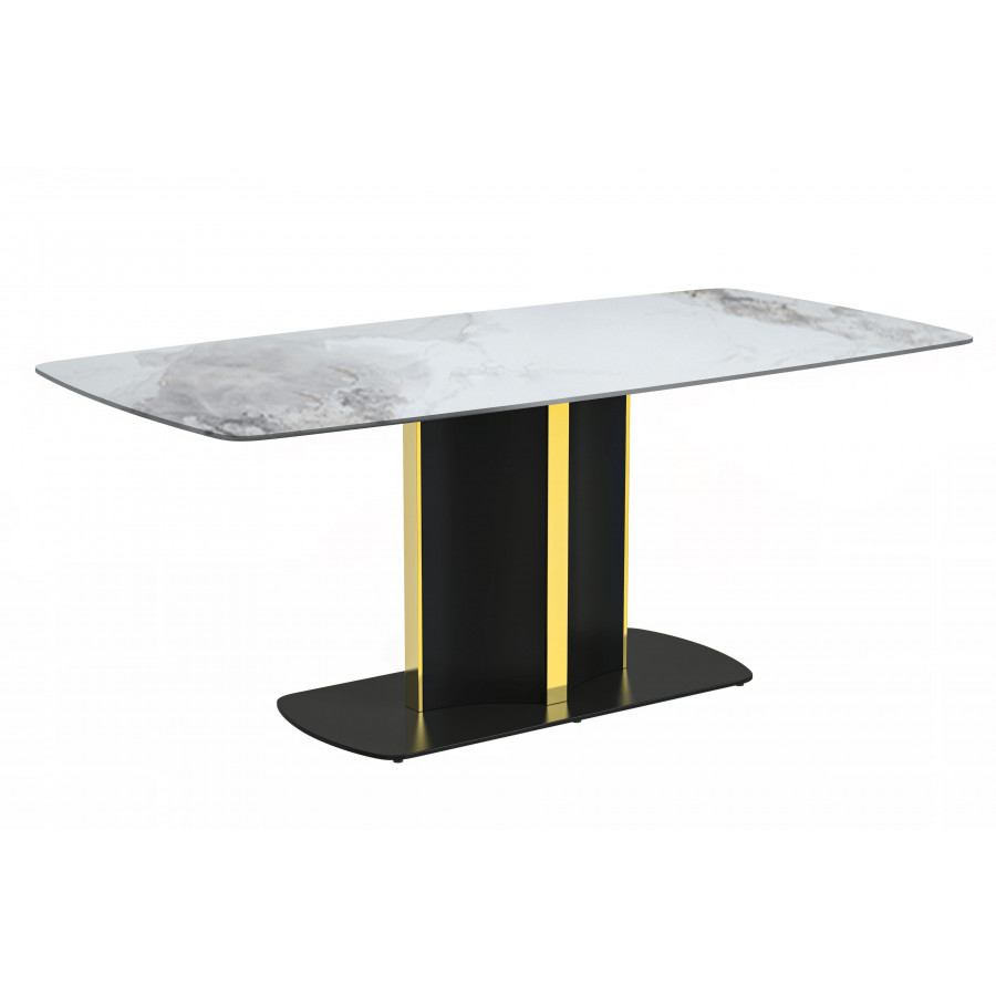 LeisureMod Sylva Modern 55" Rectangular Dining Table with Sintered Stone Top and Gold Steel Pedestal Base - Medium Gray
