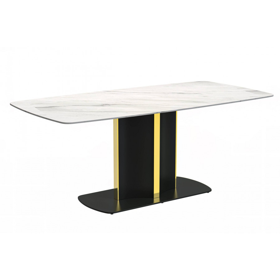 LeisureMod Sylva Modern 55" Rectangular Dining Table with Sintered Stone Top and Gold Steel Pedestal Base - White