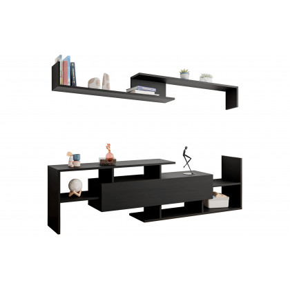 LeisureMod Surrey Modern TV Stand with MDF Shelves and Bookcase - Ebony