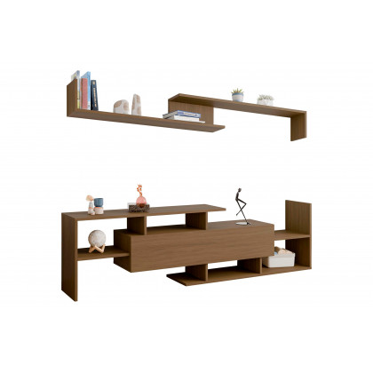 LeisureMod Surrey Modern TV Stand with MDF Shelves and Bookcase - Oak Wood