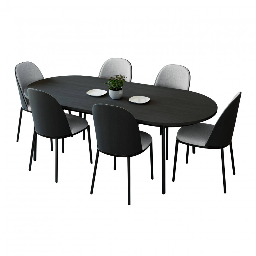 LeisureMod Tule 7-Piece Dining Set in Steel Frame with 6 Dining Chairs and 71" Oval Dining Table with MDF Top - Black/Platinum Blue