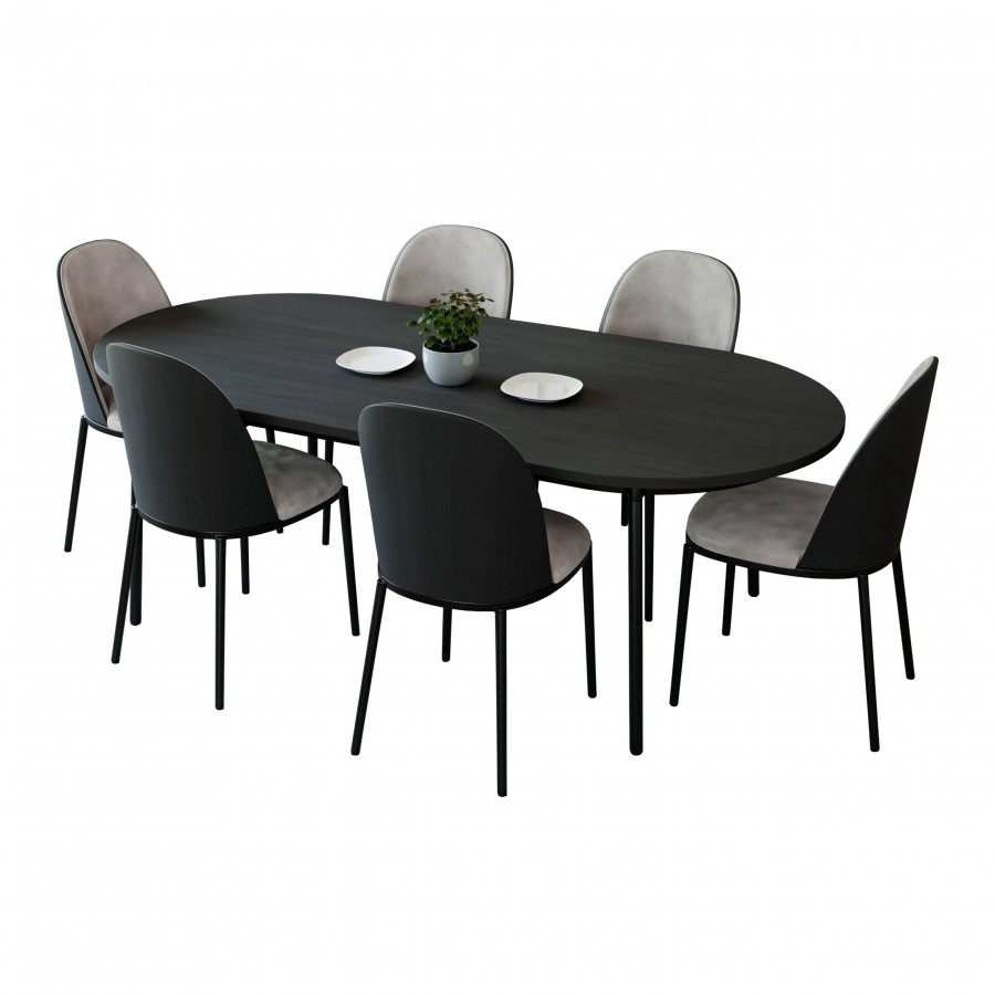 LeisureMod Tule 7-Piece Dining Set in Steel Frame with 6 Dining Chairs and 71" Oval Dining Table with MDF Top - Black/Charcoal