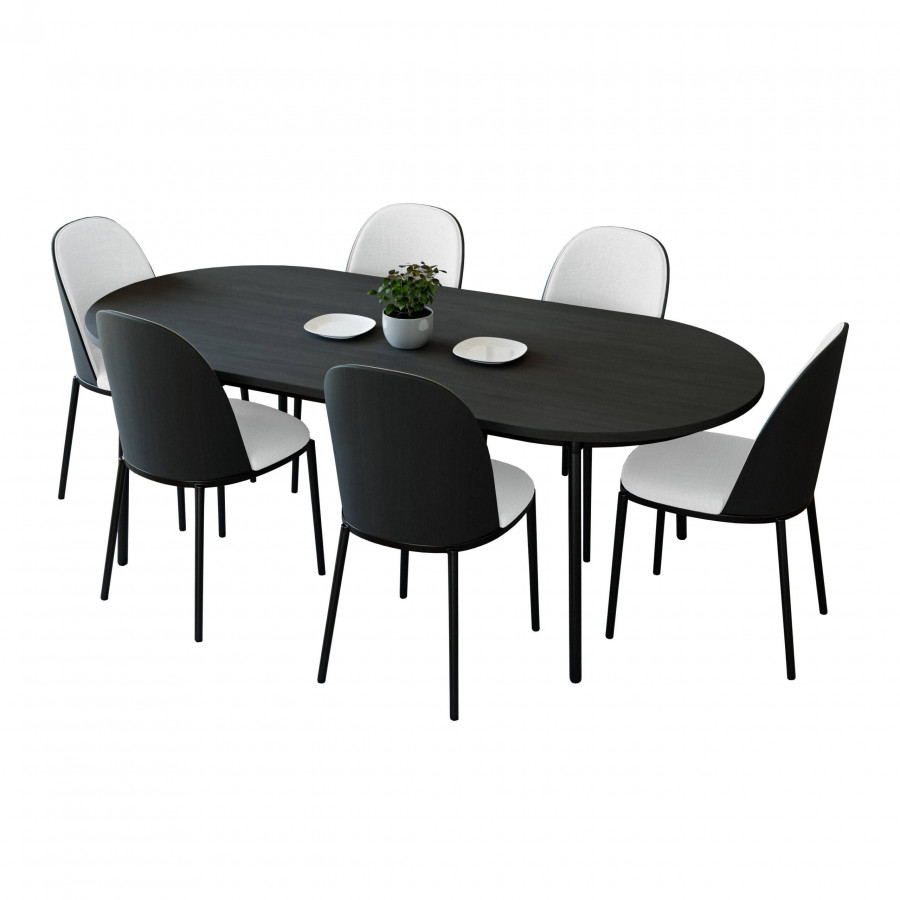 LeisureMod Tule 7-Piece Dining Set in Steel Frame with 6 Dining Chairs and 71" Oval Dining Table with MDF Top - Black/White
