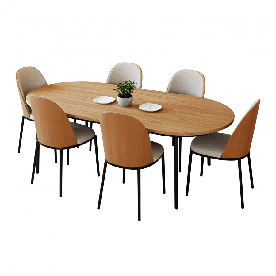 LeisureMod Tule 7-Piece Dining Set in Steel Frame with 6 Dining Chairs and 71" Oval Dining Table with MDF Top - Natural Wood/Beige