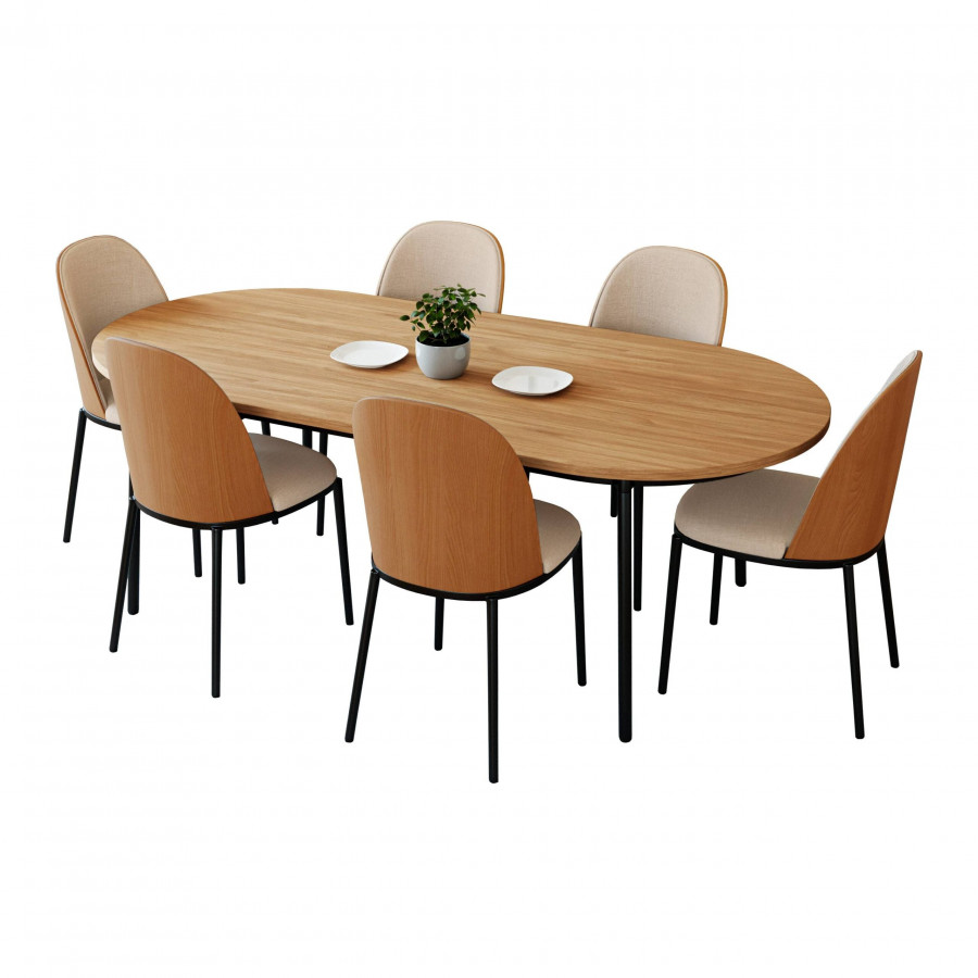 LeisureMod Tule 7-Piece Dining Set in Steel Frame with 6 Dining Chairs and 71" Oval Dining Table with MDF Top - Natural Wood/Brown