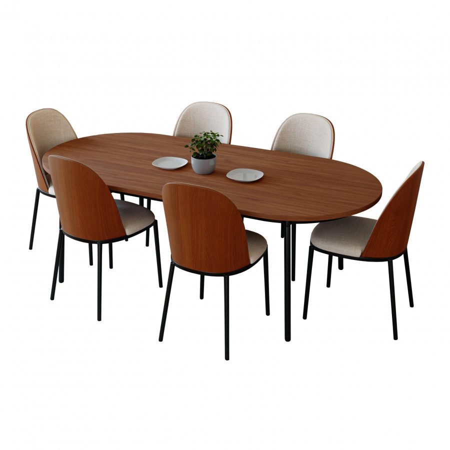 LeisureMod Tule 7-Piece Dining Set in Steel Frame with 6 Dining Chairs and 71" Oval Dining Table with MDF Top - Walnut/Beige