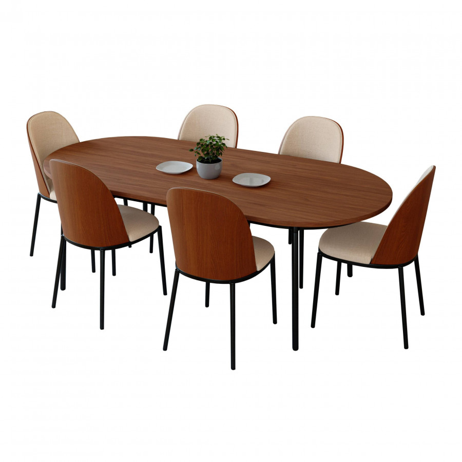 LeisureMod Tule 7-Piece Dining Set in Steel Frame with 6 Dining Chairs and 71" Oval Dining Table with MDF Top - Walnut/Light Brown