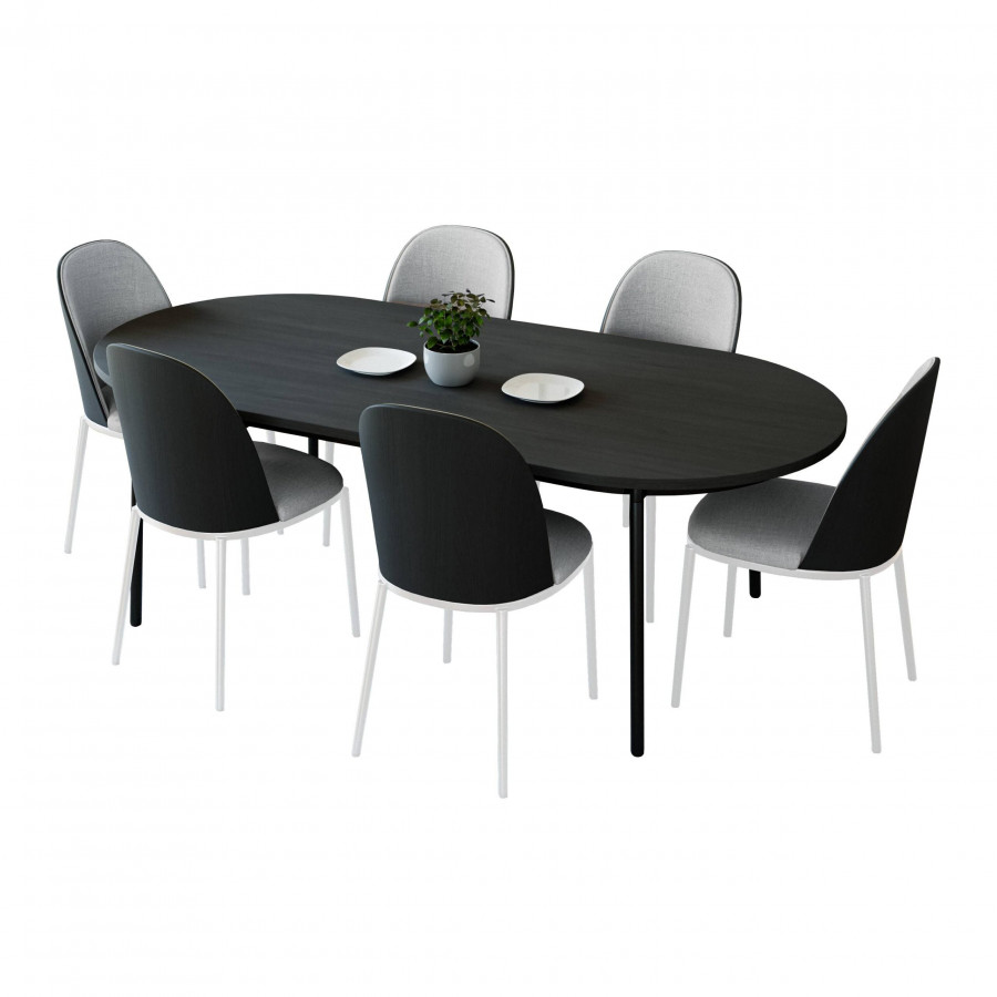 LeisureMod Tule 7-Piece Dining Set in White Steel Frame with 6 Dining Chairs and 71" Oval Dining Table with MDF Top - Black/Platinum Blue