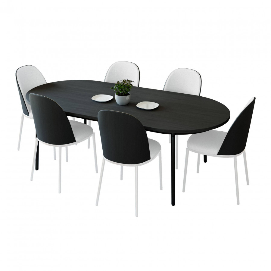 LeisureMod Tule 7-Piece Dining Set in White Steel Frame with 6 Dining Chairs and 71" Oval Dining Table with MDF Top - Black/White