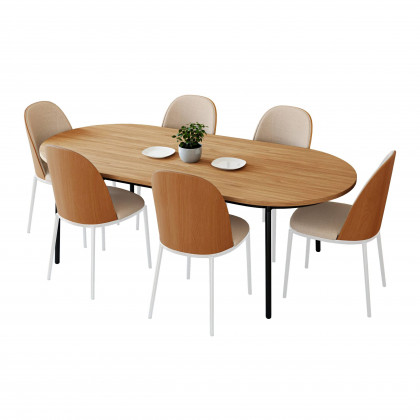 LeisureMod - Tule 7-Piece Dining Set in White Steel Frame with 6 Dining Chairs and 71" Oval Dining Table with MDF Top