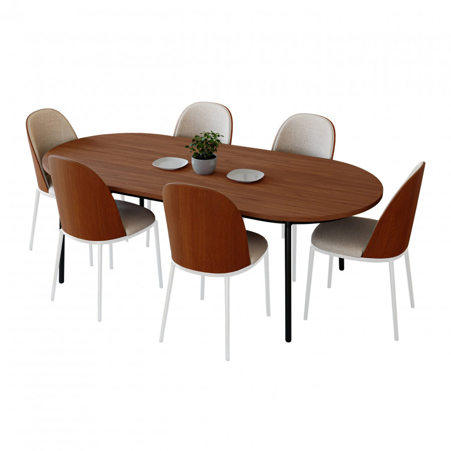 LeisureMod Tule 7-Piece Dining Set in White Steel Frame with 6 Dining Chairs and 71" Oval Dining Table with MDF Top - Walnut/Beige