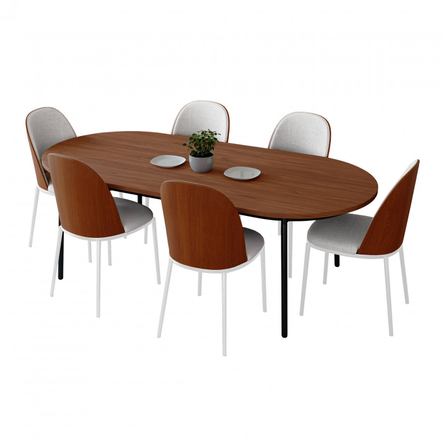 LeisureMod Tule 7-Piece Dining Set in White Steel Frame with 6 Dining Chairs and 71" Oval Dining Table with MDF Top - Walnut/White