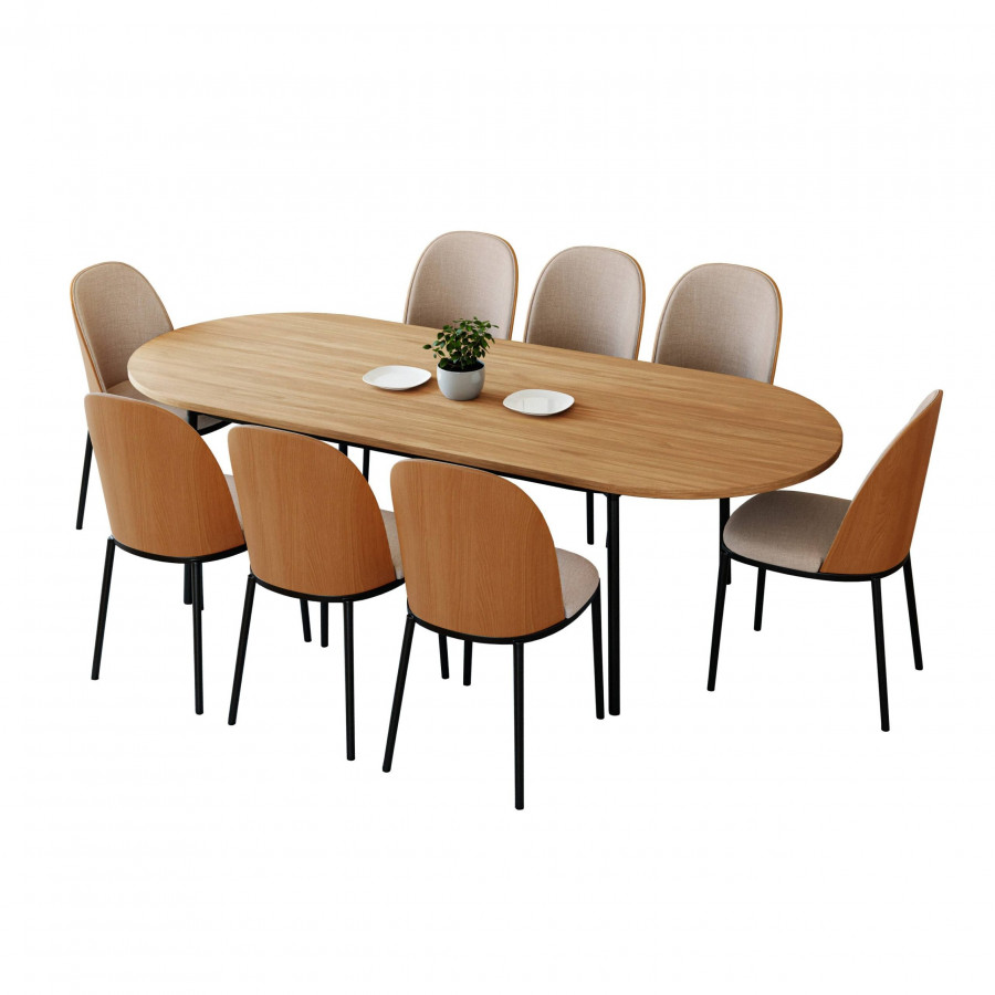 LeisureMod Tule 9-Piece Dining Set in Steel Frame with 8 Dining Chairs and 83" Oval Dining Table with MDF Top - Natural Wood/Brown