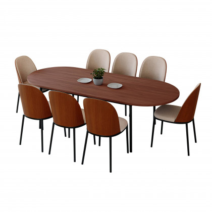 LeisureMod - Tule 9-Piece Dining Set in Steel Frame with 8 Dining Chairs and 83" Oval Dining Table with MDF Top