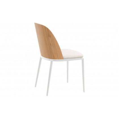 LeisureMod Tule Mid-Century Modern Dining Side Chair with White Powder-Coated Steel Frame - Natural Wood/Beige