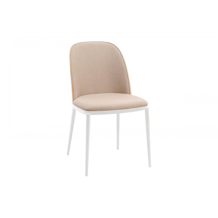 LeisureMod Tule Mid-Century Modern Dining Side Chair with White Powder-Coated Steel Frame - Natural Wood/Brown