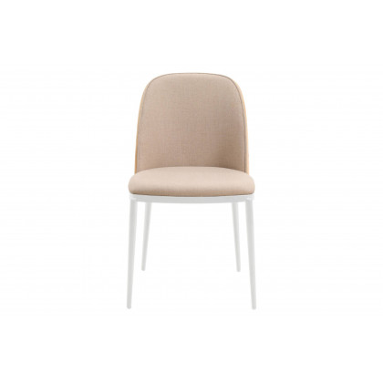 LeisureMod Tule Mid-Century Modern Dining Side Chair with White Powder-Coated Steel Frame - Natural Wood/Brown
