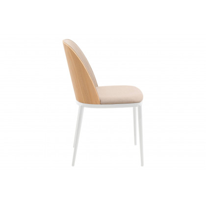 LeisureMod Tule Mid-Century Modern Dining Side Chair with White Powder-Coated Steel Frame - Natural Wood/Brown