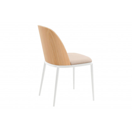 LeisureMod Tule Mid-Century Modern Dining Side Chair with White Powder-Coated Steel Frame - Natural Wood/Brown