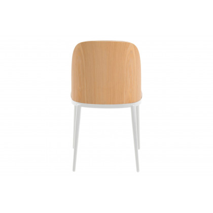 LeisureMod Tule Mid-Century Modern Dining Side Chair with White Powder-Coated Steel Frame - Natural Wood/Brown