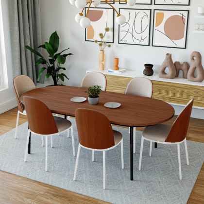 LeisureMod Tule Mid-Century Modern Dining Side Chair with White Powder-Coated Steel Frame - Walnut/Beige